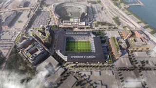 An aerial CGI shot of New York City's new stadium in Queens, New York